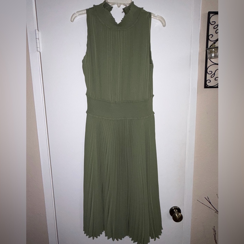 Olive Green Pleated Midi Dress | Sleeveless Mock Neck |